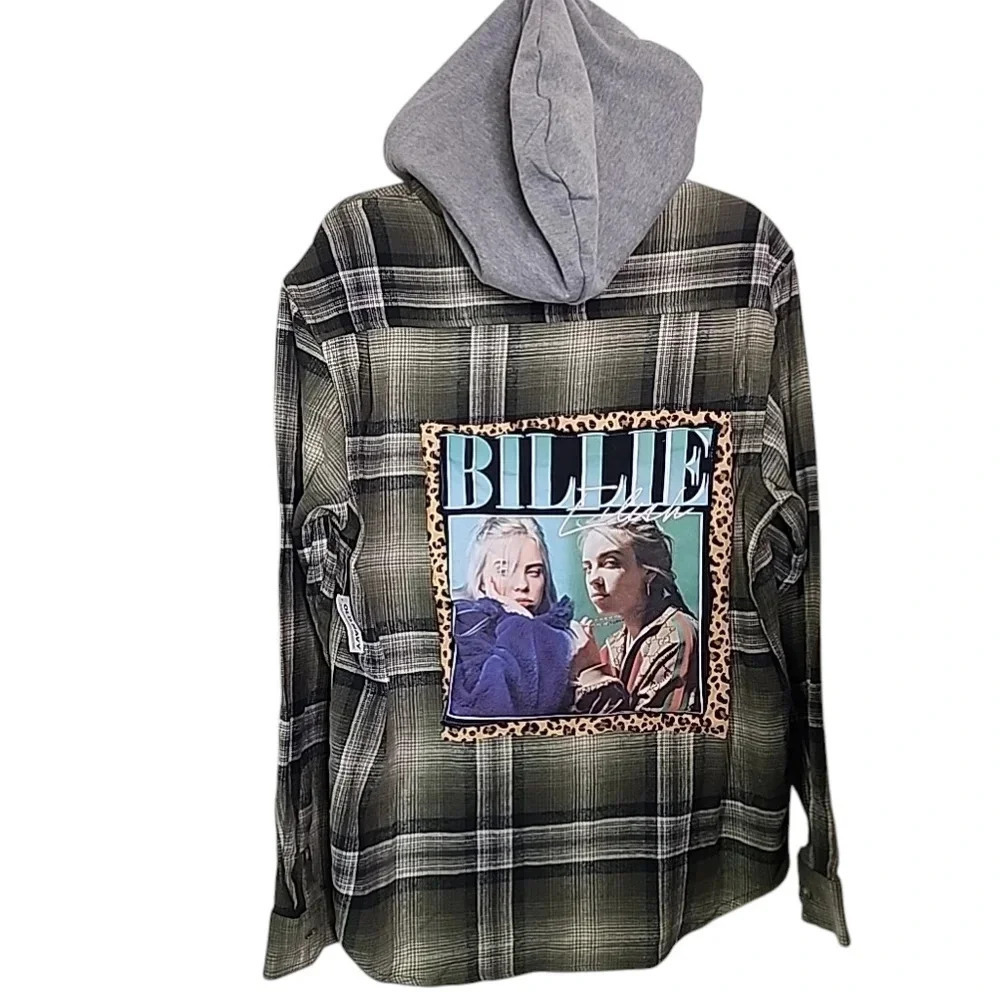 Old Navy Upcycled Billie Ellish Flannel Hoodie. New with tag. Size Large - Picture 2 of 5